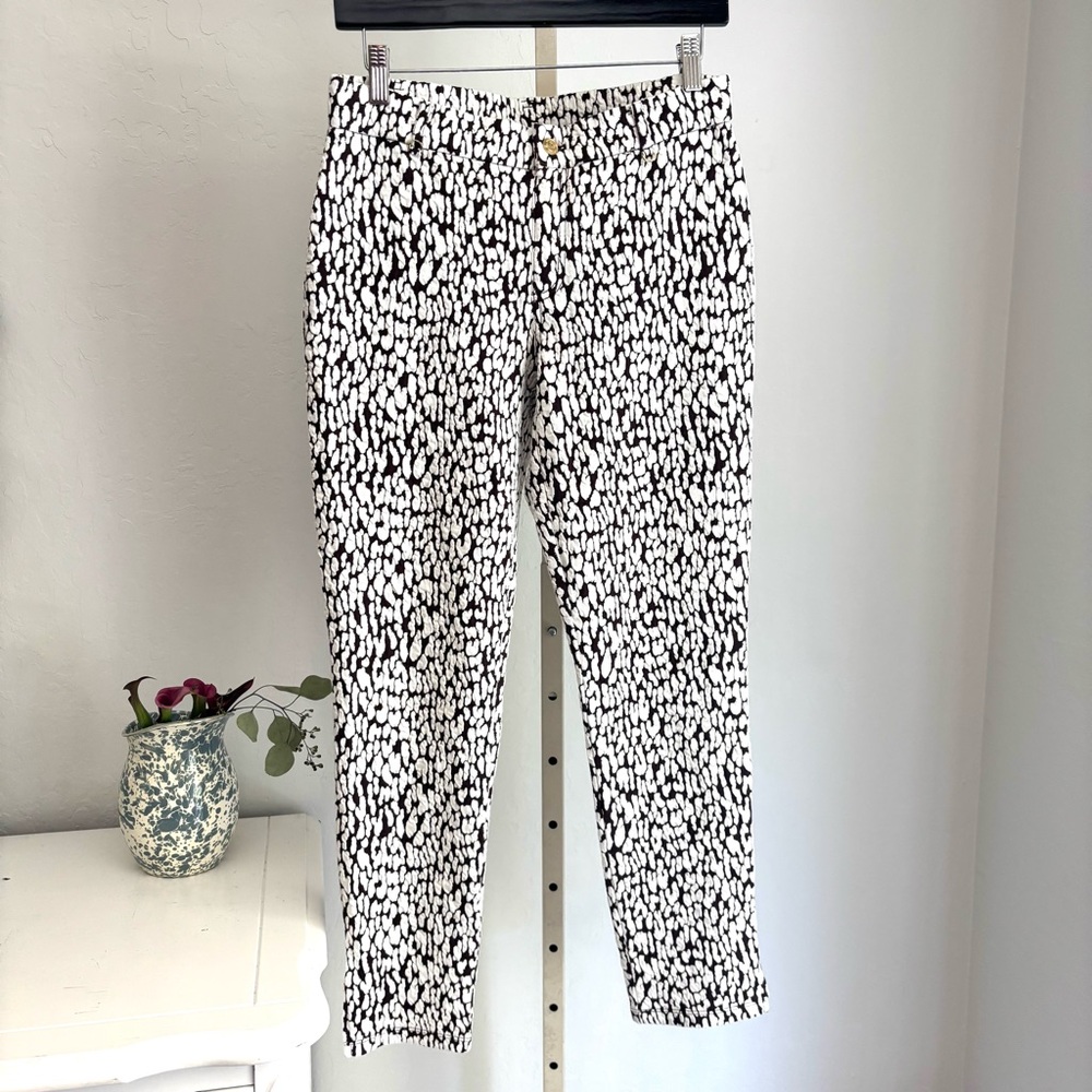 Michael Kors Stretch Jacquard Ankle Pants White Brown Print, Sz M